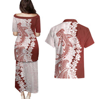 Polynesian Crimson Plumeria Lei Couples Matching Puletasi and Hawaiian Shirt with Hammerhead Shark