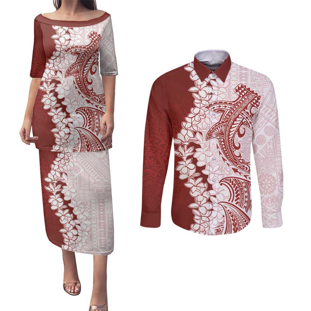 Polynesian Crimson Plumeria Lei Couples Matching Puletasi and Long Sleeve Button Shirt with Hammerhead Shark