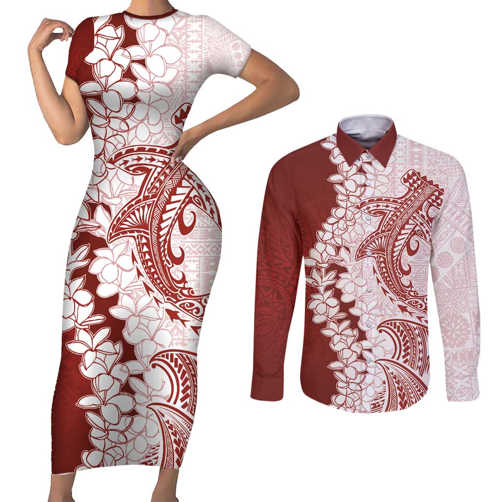 Polynesian Crimson Plumeria Lei Couples Matching Short Sleeve Bodycon Dress and Long Sleeve Button Shirt with Hammerhead Shark