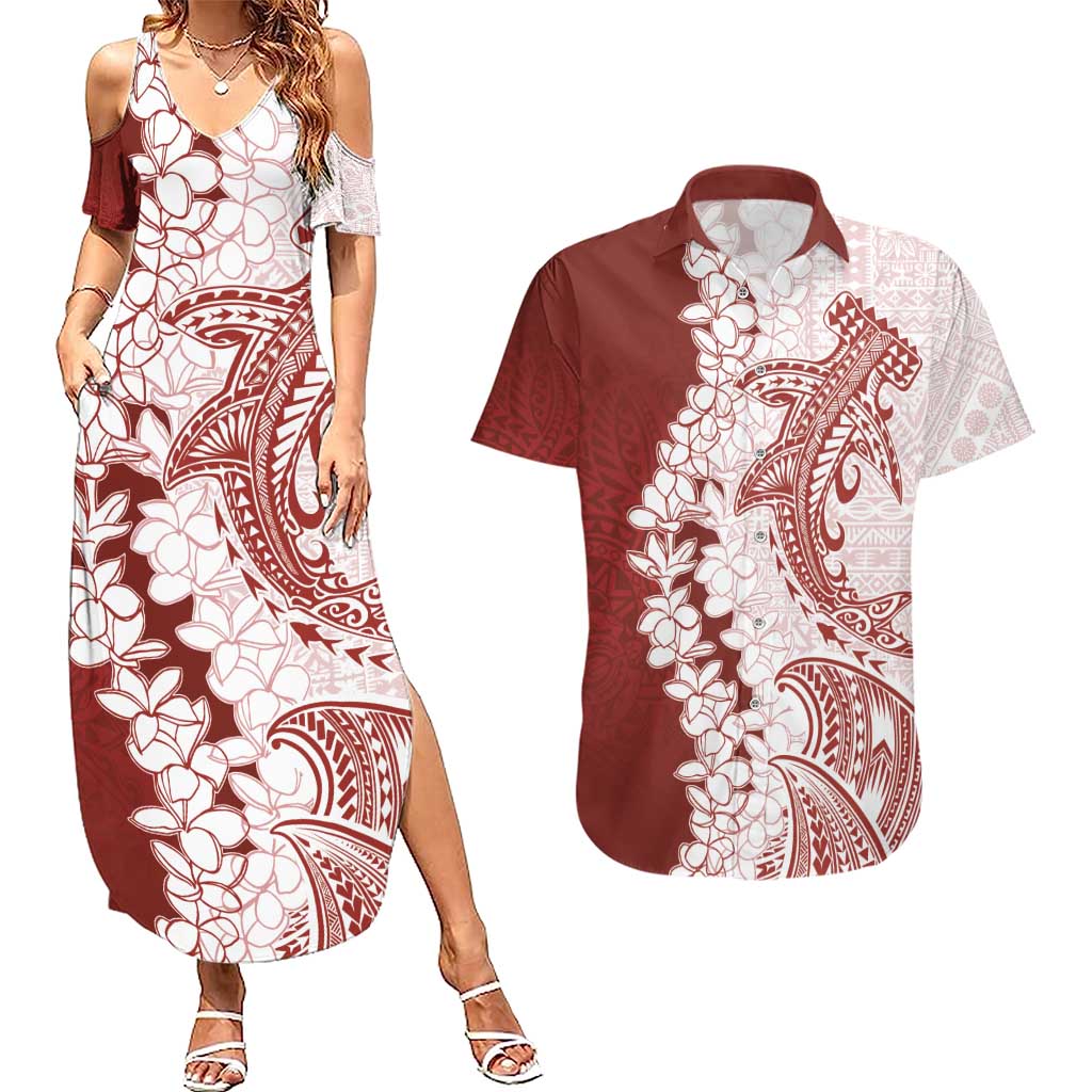 Polynesian Crimson Plumeria Lei Couples Matching Summer Maxi Dress and Hawaiian Shirt with Hammerhead Shark