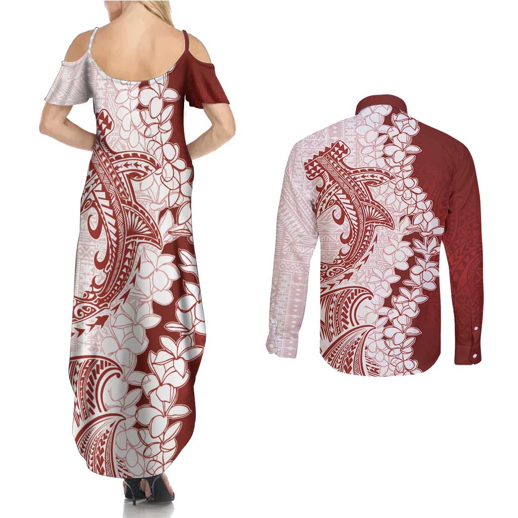 Polynesian Crimson Plumeria Lei Couples Matching Summer Maxi Dress and Long Sleeve Button Shirt with Hammerhead Shark