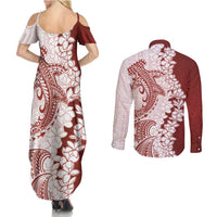 Polynesian Crimson Plumeria Lei Couples Matching Summer Maxi Dress and Long Sleeve Button Shirt with Hammerhead Shark