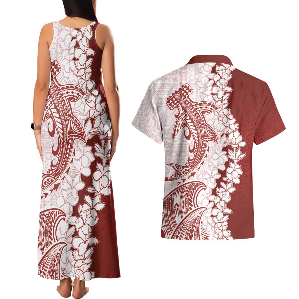Polynesian Crimson Plumeria Lei Couples Matching Tank Maxi Dress and Hawaiian Shirt with Hammerhead Shark