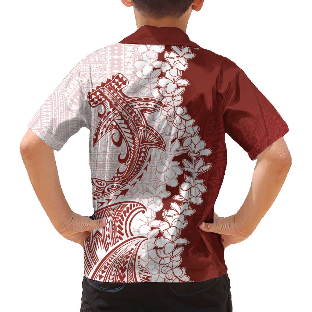 Polynesian Crimson Plumeria Lei Family Matching Long Sleeve Bodycon Dress and Hawaiian Shirt with Hammerhead Shark LT7 - Polynesian Pride