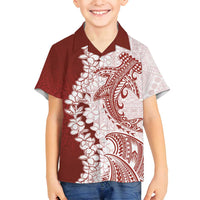 Polynesian Crimson Plumeria Lei Family Matching Long Sleeve Bodycon Dress and Hawaiian Shirt with Hammerhead Shark LT7 Son's Shirt Red - Polynesian Pride