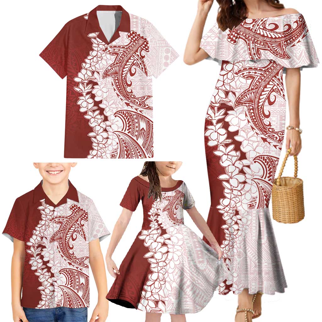 Polynesian Crimson Plumeria Lei Family Matching Mermaid Dress and Hawaiian Shirt with Hammerhead Shark