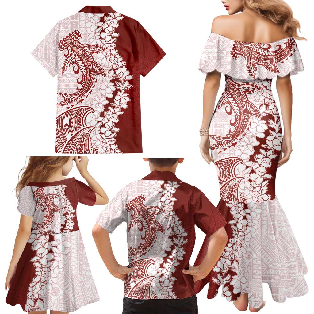 Polynesian Crimson Plumeria Lei Family Matching Mermaid Dress and Hawaiian Shirt with Hammerhead Shark