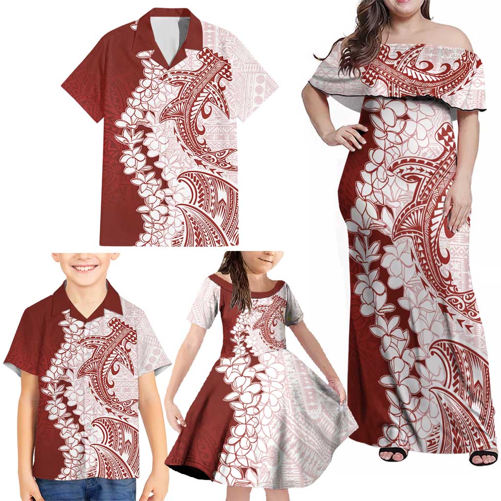 Polynesian Crimson Plumeria Lei Family Matching Off Shoulder Maxi Dress and Hawaiian Shirt with Hammerhead Shark LT7 - Polynesian Pride