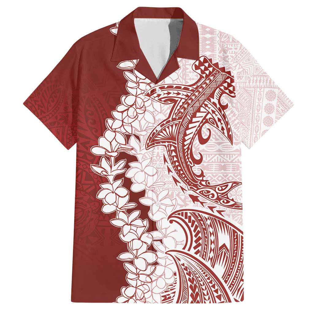 Polynesian Crimson Plumeria Lei Family Matching Off Shoulder Short Dress and Hawaiian Shirt with Hammerhead Shark LT7 Dad's Shirt - Short Sleeve Red - Polynesian Pride