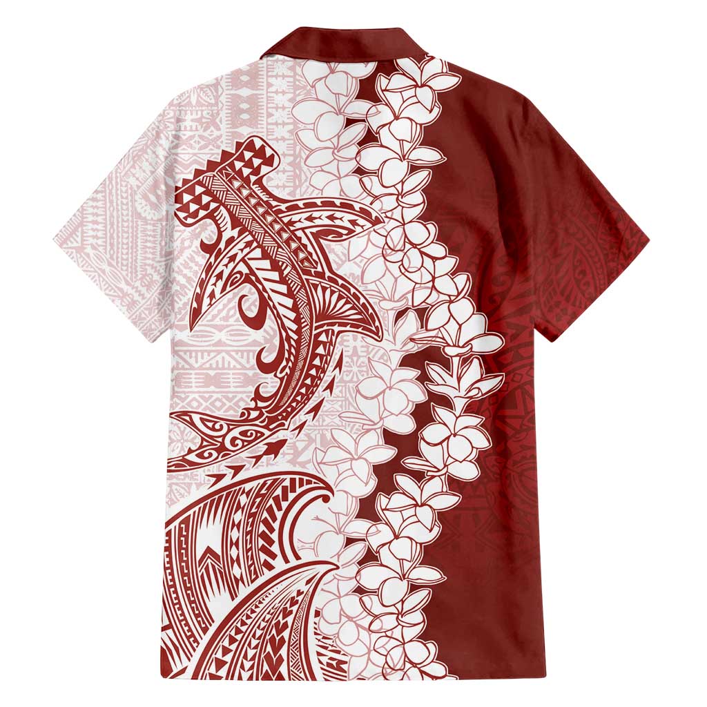 Polynesian Crimson Plumeria Lei Family Matching Off Shoulder Short Dress and Hawaiian Shirt with Hammerhead Shark LT7 - Polynesian Pride