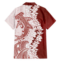 Polynesian Crimson Plumeria Lei Family Matching Puletasi and Hawaiian Shirt with Hammerhead Shark