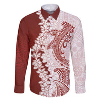 Polynesian Crimson Plumeria Lei Family Matching Puletasi and Hawaiian Shirt with Hammerhead Shark