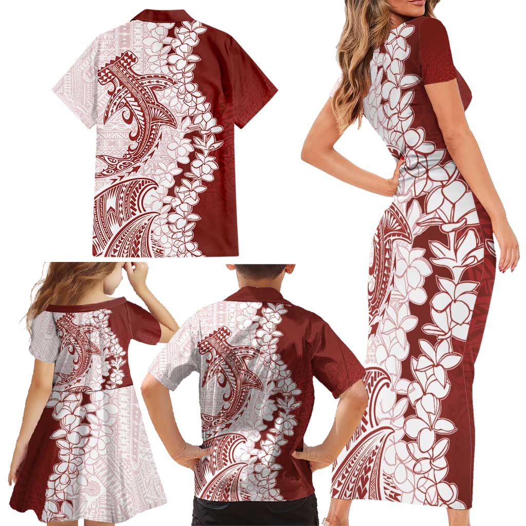 Polynesian Crimson Plumeria Lei Family Matching Short Sleeve Bodycon Dress and Hawaiian Shirt with Hammerhead Shark LT7 - Polynesian Pride