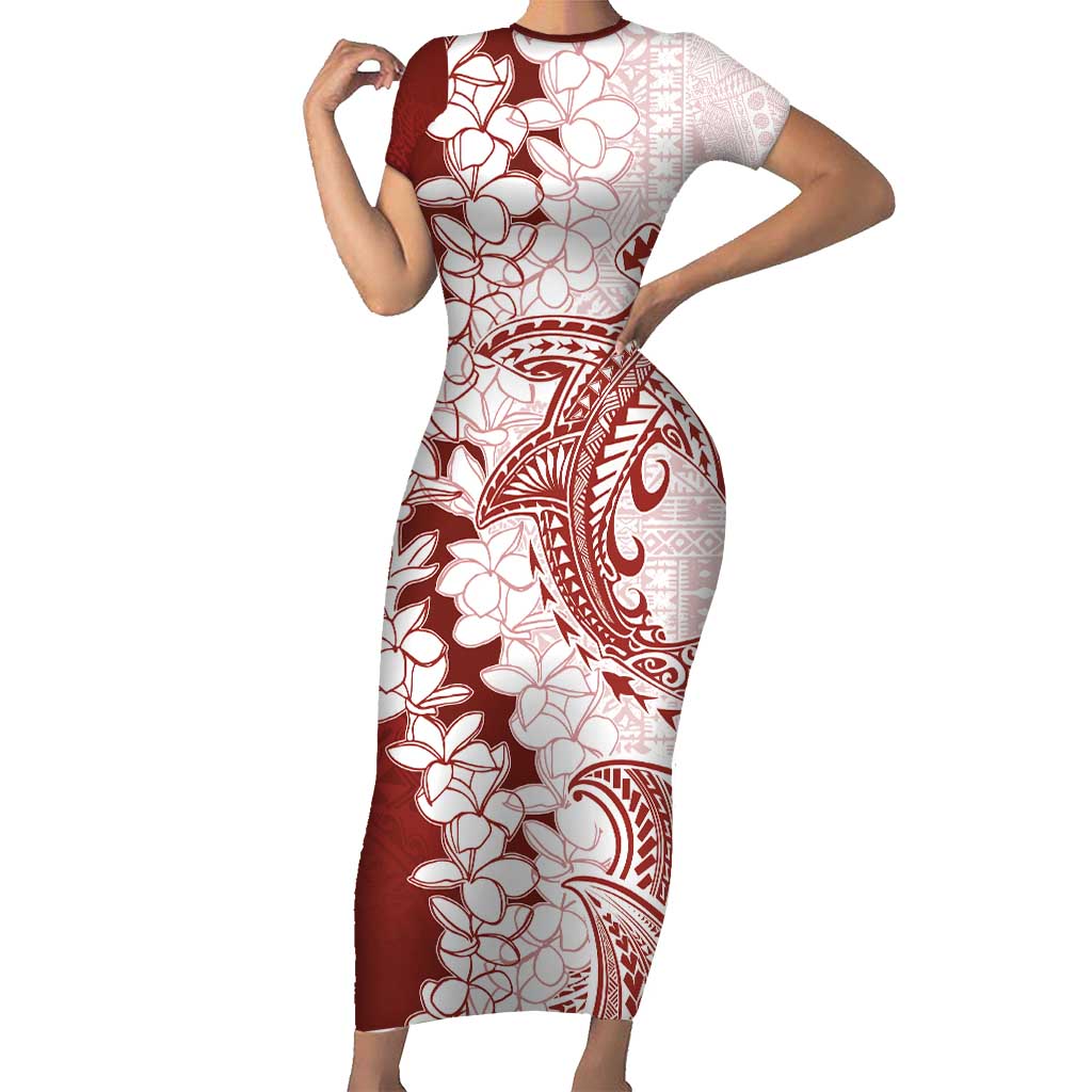 Polynesian Crimson Plumeria Lei Family Matching Short Sleeve Bodycon Dress and Hawaiian Shirt with Hammerhead Shark LT7 Mom's Dress Red - Polynesian Pride