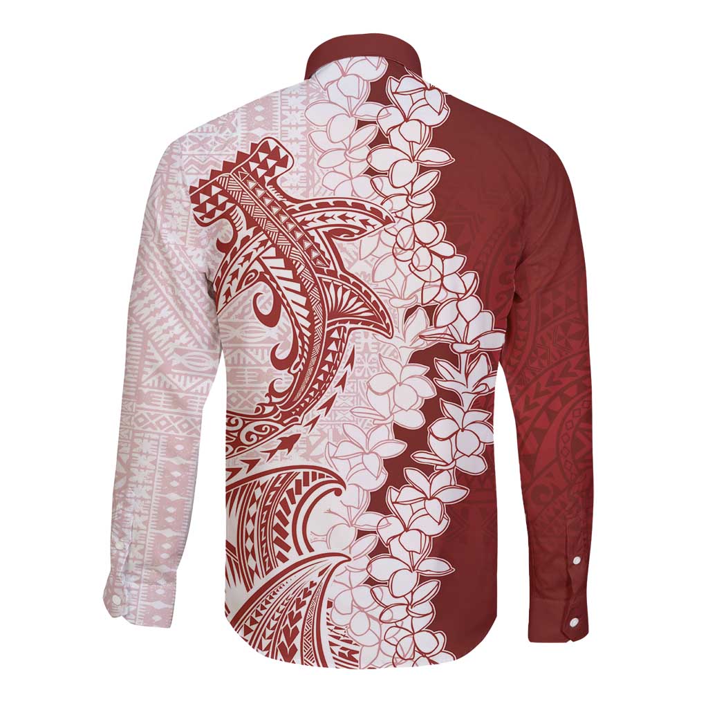 Polynesian Crimson Plumeria Lei Long Sleeve Button Shirt with Hammerhead Shark LT7 - Polynesian Pride