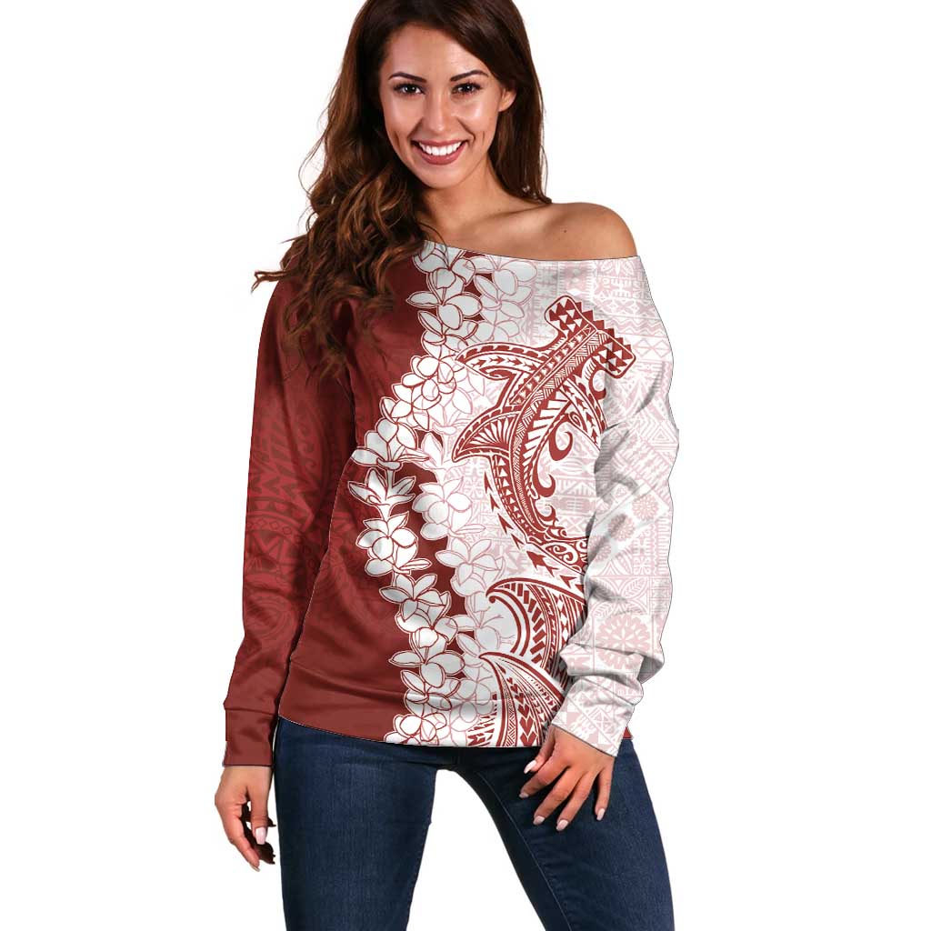 Polynesian Crimson Plumeria Lei Off Shoulder Sweater with Hammerhead Shark