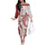 Polynesian Crimson Plumeria Lei Off The Shoulder Long Sleeve Dress with Hammerhead Shark