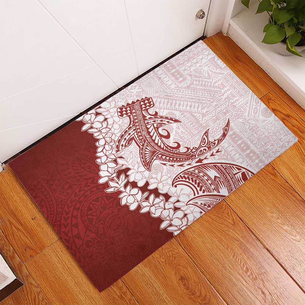 Polynesian Crimson Plumeria Lei Rubber Doormat with Hammerhead Shark