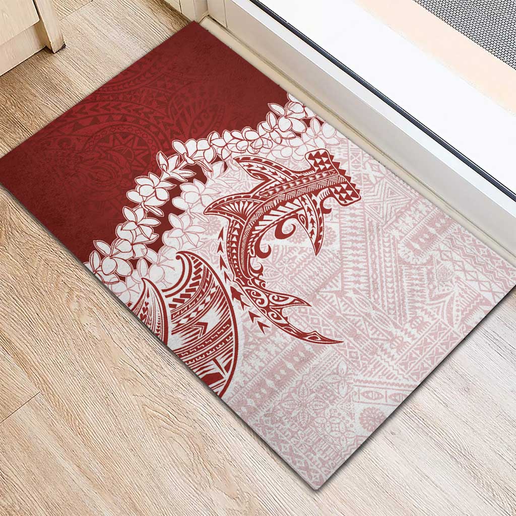 Polynesian Crimson Plumeria Lei Rubber Doormat with Hammerhead Shark
