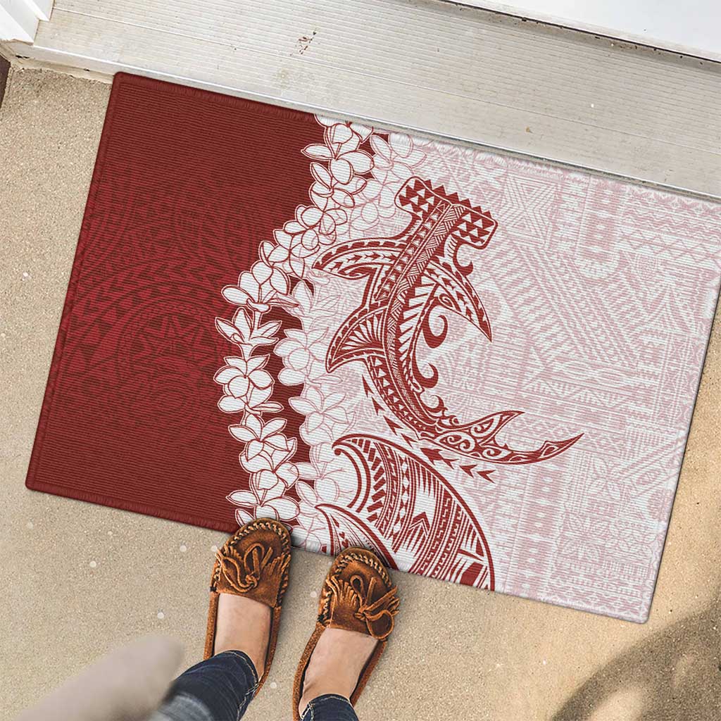 Polynesian Crimson Plumeria Lei Rubber Doormat with Hammerhead Shark