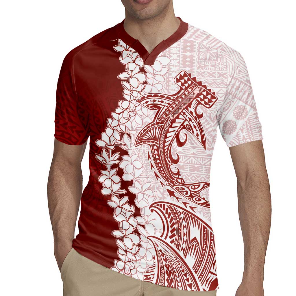 Polynesian Crimson Plumeria Lei Rugby Jersey with Hammerhead Shark