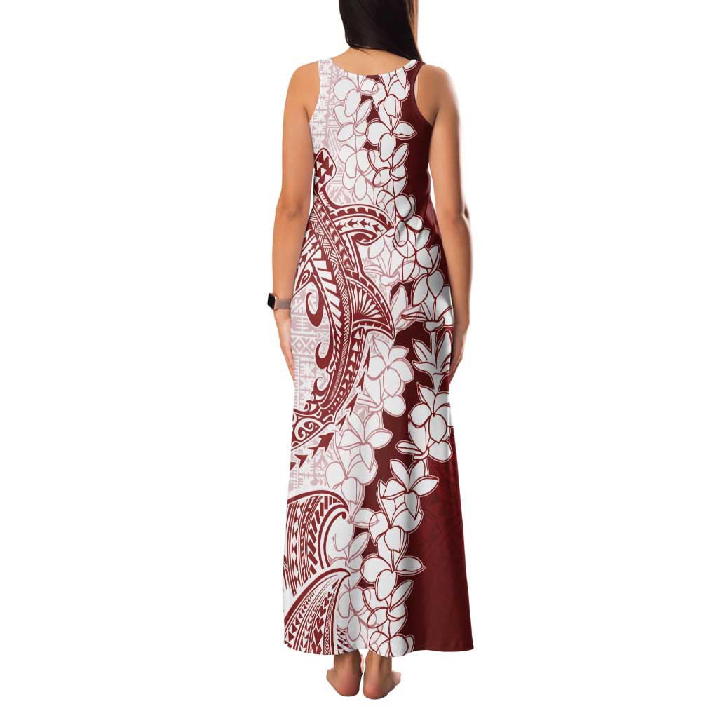 Polynesian Crimson Plumeria Lei Tank Maxi Dress with Hammerhead Shark