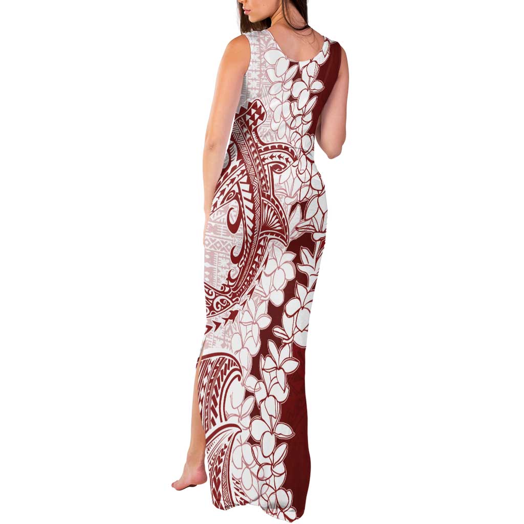 Polynesian Crimson Plumeria Lei Tank Maxi Dress with Hammerhead Shark