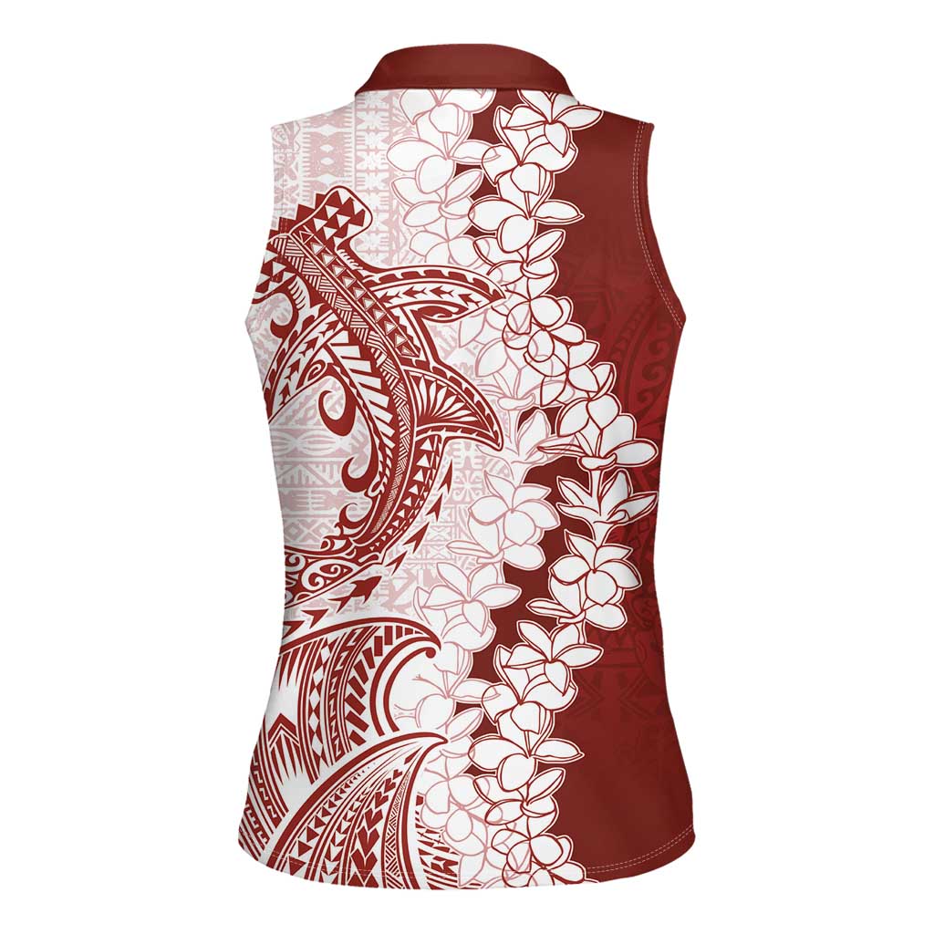 Polynesian Crimson Plumeria Lei Women Sleeveless Polo Shirt with Hammerhead Shark LT7 - Polynesian Pride