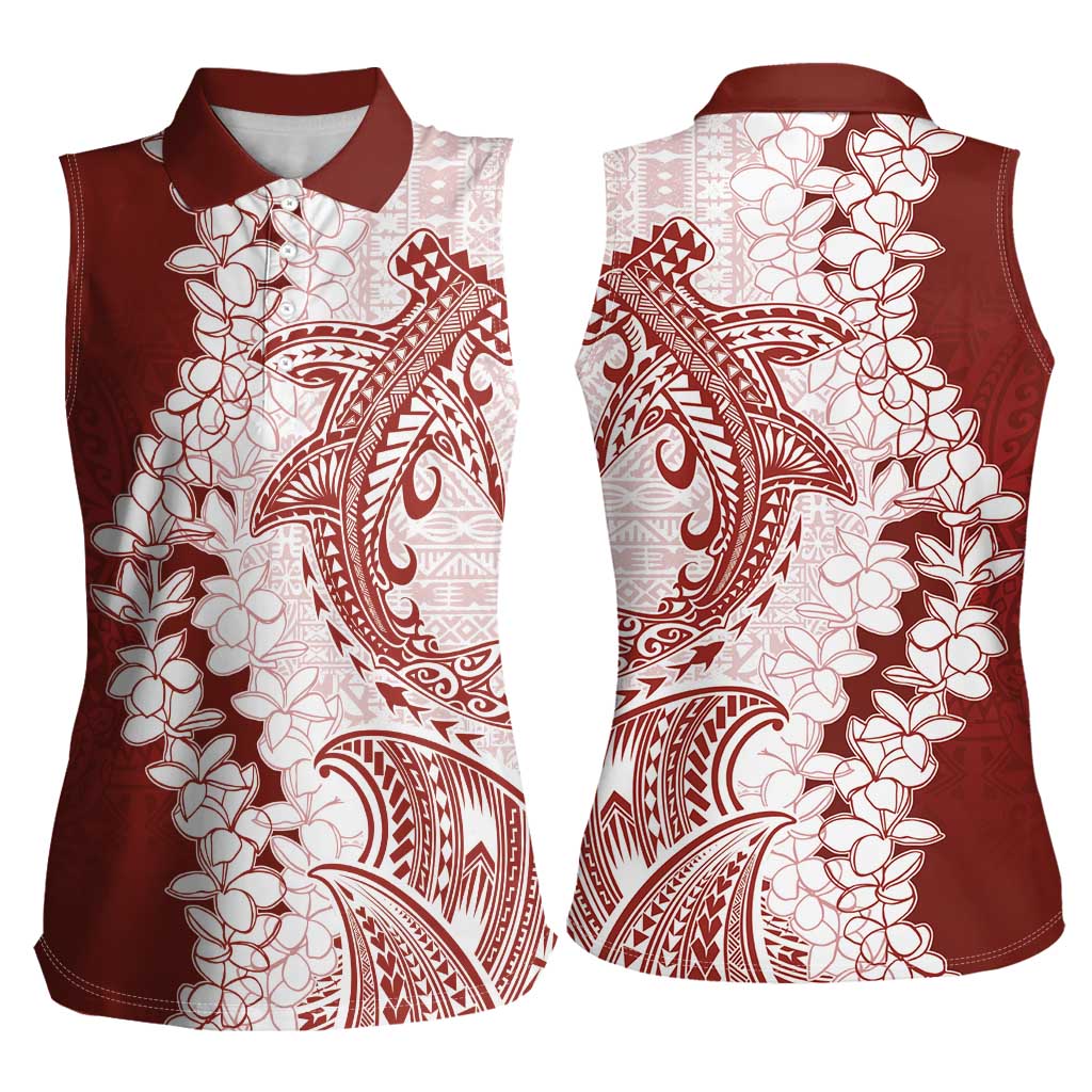 Polynesian Crimson Plumeria Lei Women Sleeveless Polo Shirt with Hammerhead Shark LT7 - Polynesian Pride