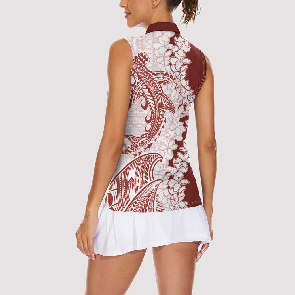 Polynesian Crimson Plumeria Lei Women Sleeveless Polo Shirt with Hammerhead Shark LT7 - Polynesian Pride