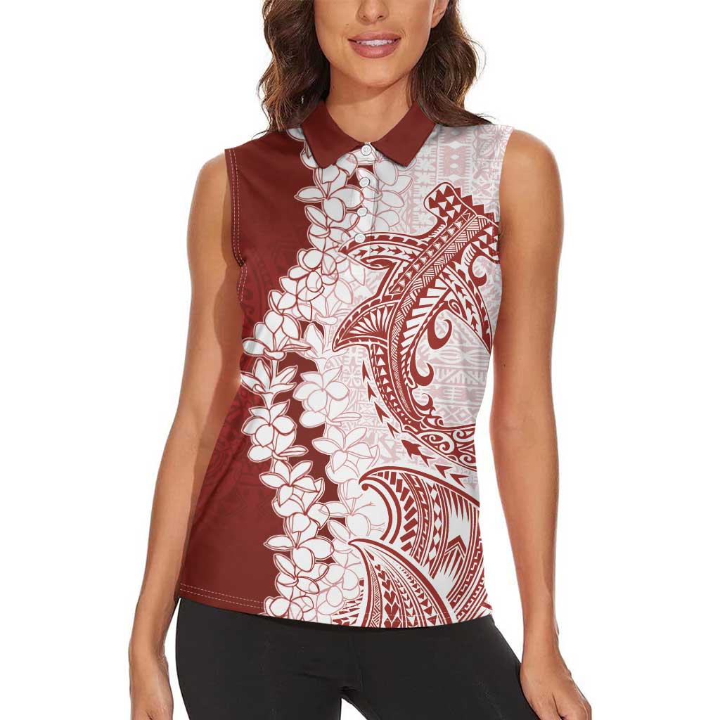 Polynesian Crimson Plumeria Lei Women Sleeveless Polo Shirt with Hammerhead Shark LT7 - Polynesian Pride