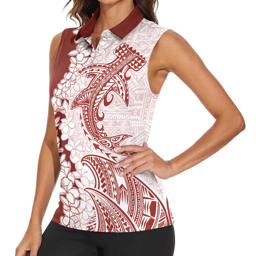 Polynesian Crimson Plumeria Lei Women Sleeveless Polo Shirt with Hammerhead Shark LT7 - Polynesian Pride