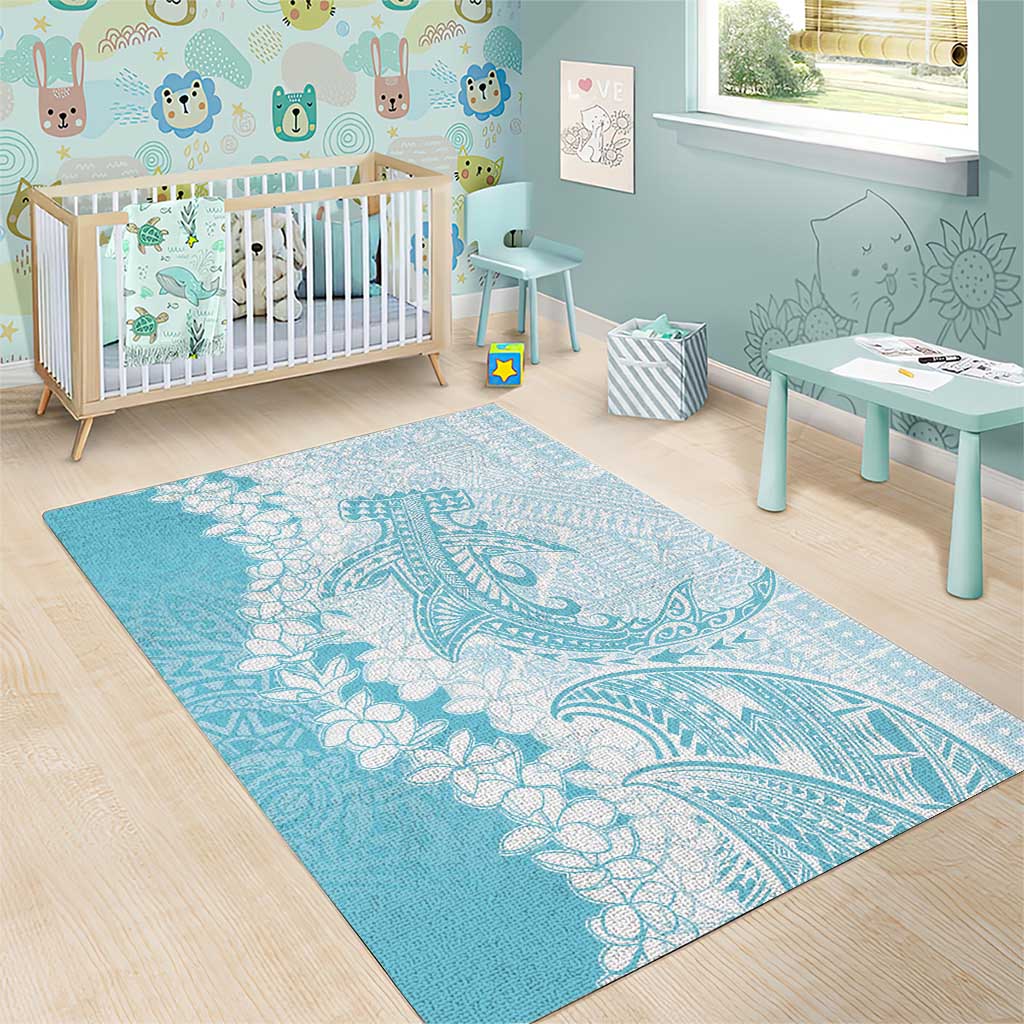 Polynesian Turquoise Plumeria Lei Area Rug with Hammerhead Shark