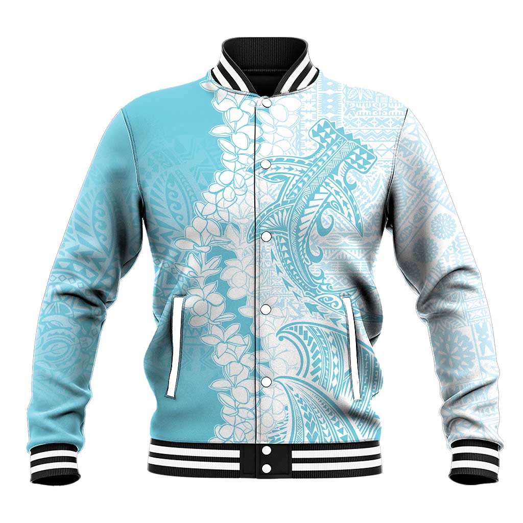 Polynesian Turquoise Plumeria Lei Baseball Jacket with Hammerhead Shark LT7 Unisex Turquoise - Polynesian Pride