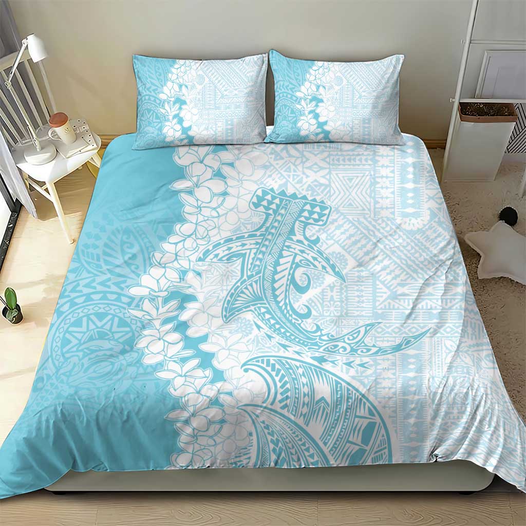 Polynesian Turquoise Plumeria Lei Bedding Set with Hammerhead Shark