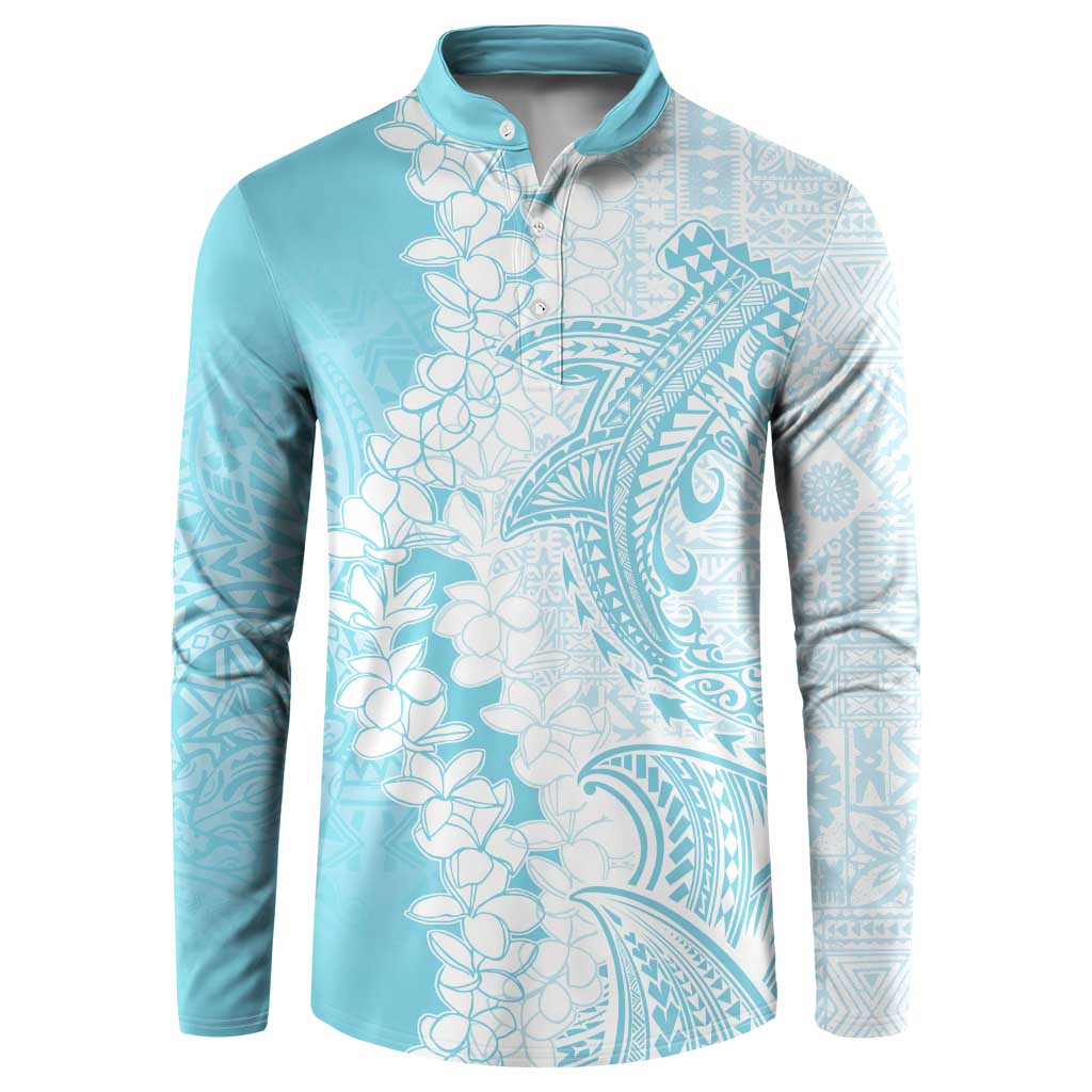 Polynesian Turquoise Plumeria Lei Button Sweatshirt with Hammerhead Shark LT7 Turquoise - Polynesian Pride