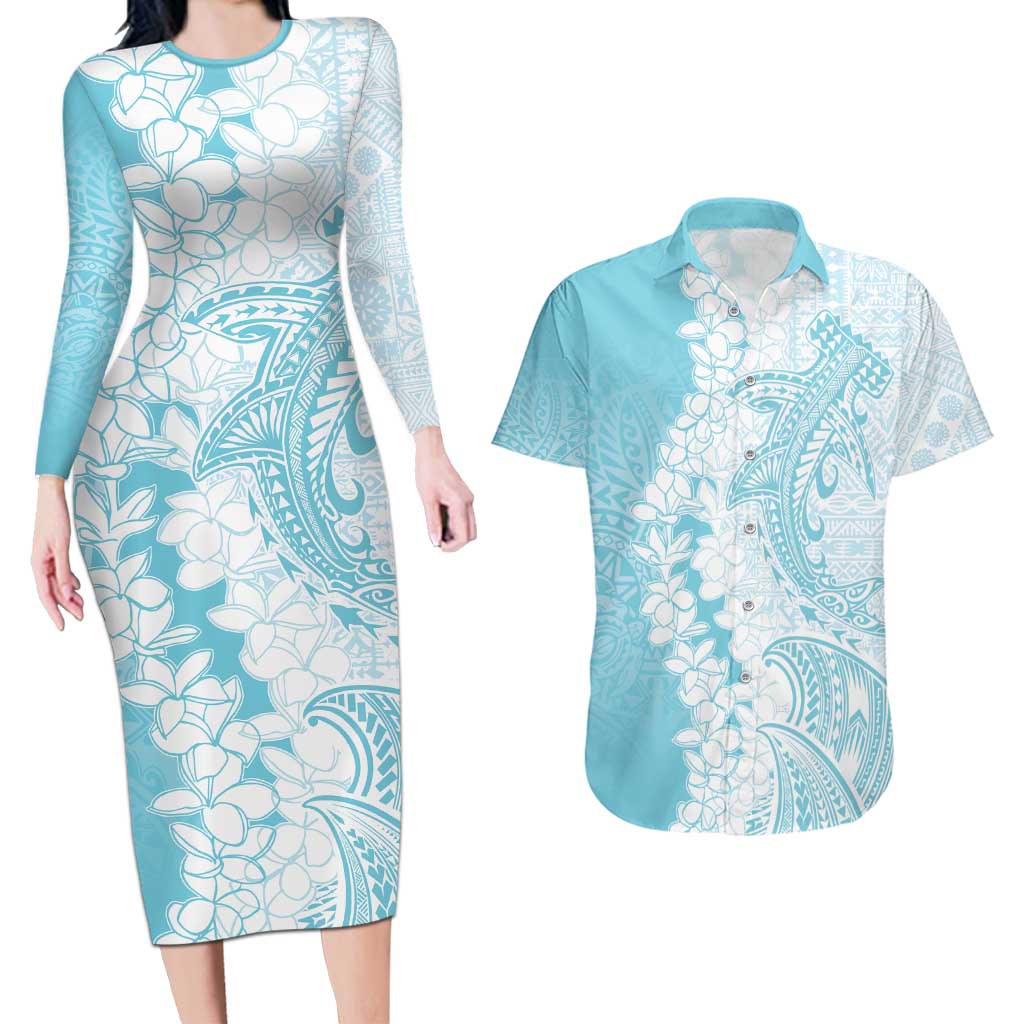 Polynesian Turquoise Plumeria Lei Couples Matching Long Sleeve Bodycon Dress and Hawaiian Shirt with Hammerhead Shark LT7 Turquoise - Polynesian Pride