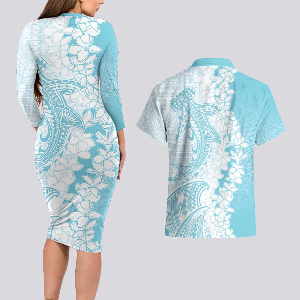 Polynesian Turquoise Plumeria Lei Couples Matching Long Sleeve Bodycon Dress and Hawaiian Shirt with Hammerhead Shark LT7 - Polynesian Pride