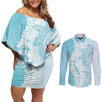 Polynesian Turquoise Plumeria Lei Couples Matching Off Shoulder Short Dress and Long Sleeve Button Shirt with Hammerhead Shark