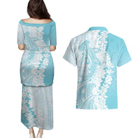 Polynesian Turquoise Plumeria Lei Couples Matching Puletasi and Hawaiian Shirt with Hammerhead Shark
