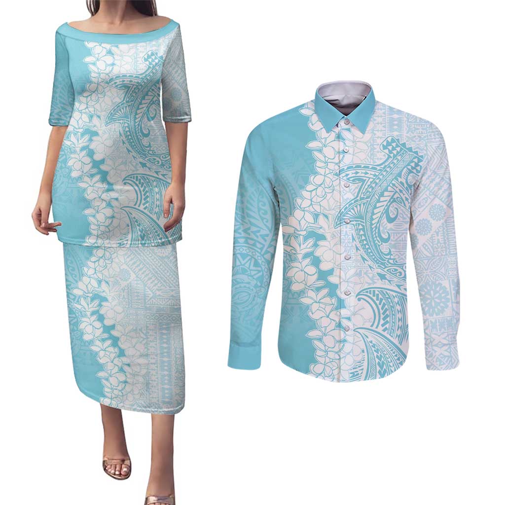 Polynesian Turquoise Plumeria Lei Couples Matching Puletasi and Long Sleeve Button Shirt with Hammerhead Shark