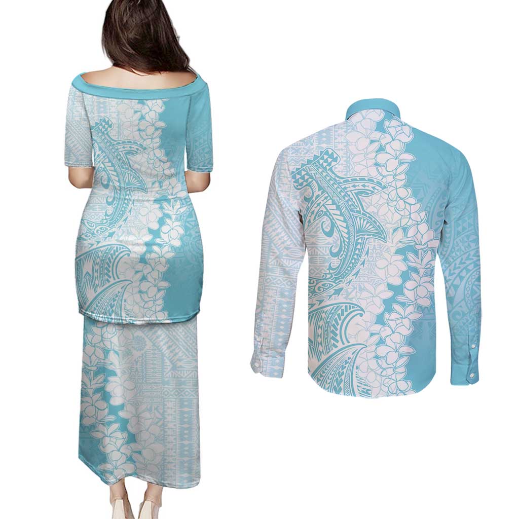 Polynesian Turquoise Plumeria Lei Couples Matching Puletasi and Long Sleeve Button Shirt with Hammerhead Shark