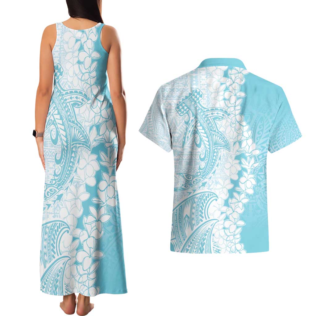 Polynesian Turquoise Plumeria Lei Couples Matching Tank Maxi Dress and Hawaiian Shirt with Hammerhead Shark