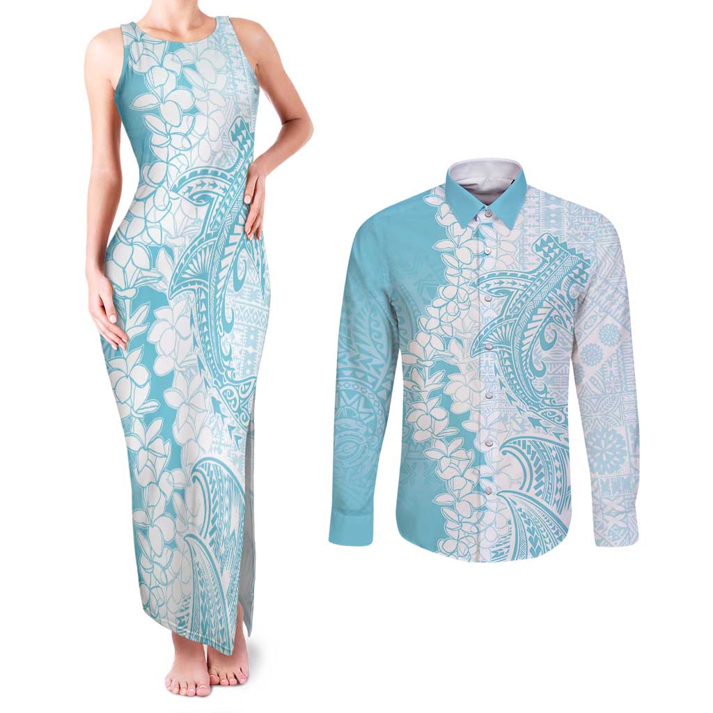 Polynesian Turquoise Plumeria Lei Couples Matching Tank Maxi Dress and Long Sleeve Button Shirt with Hammerhead Shark