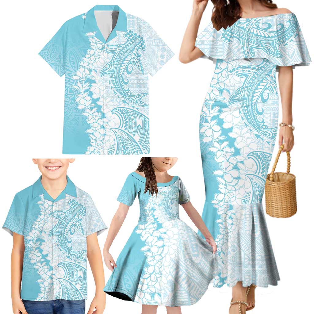 Polynesian Turquoise Plumeria Lei Family Matching Mermaid Dress and Hawaiian Shirt with Hammerhead Shark