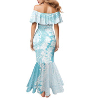 Polynesian Turquoise Plumeria Lei Family Matching Mermaid Dress and Hawaiian Shirt with Hammerhead Shark