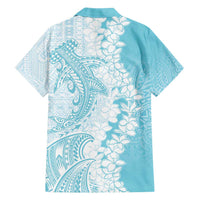 Polynesian Turquoise Plumeria Lei Family Matching Off Shoulder Maxi Dress and Hawaiian Shirt with Hammerhead Shark