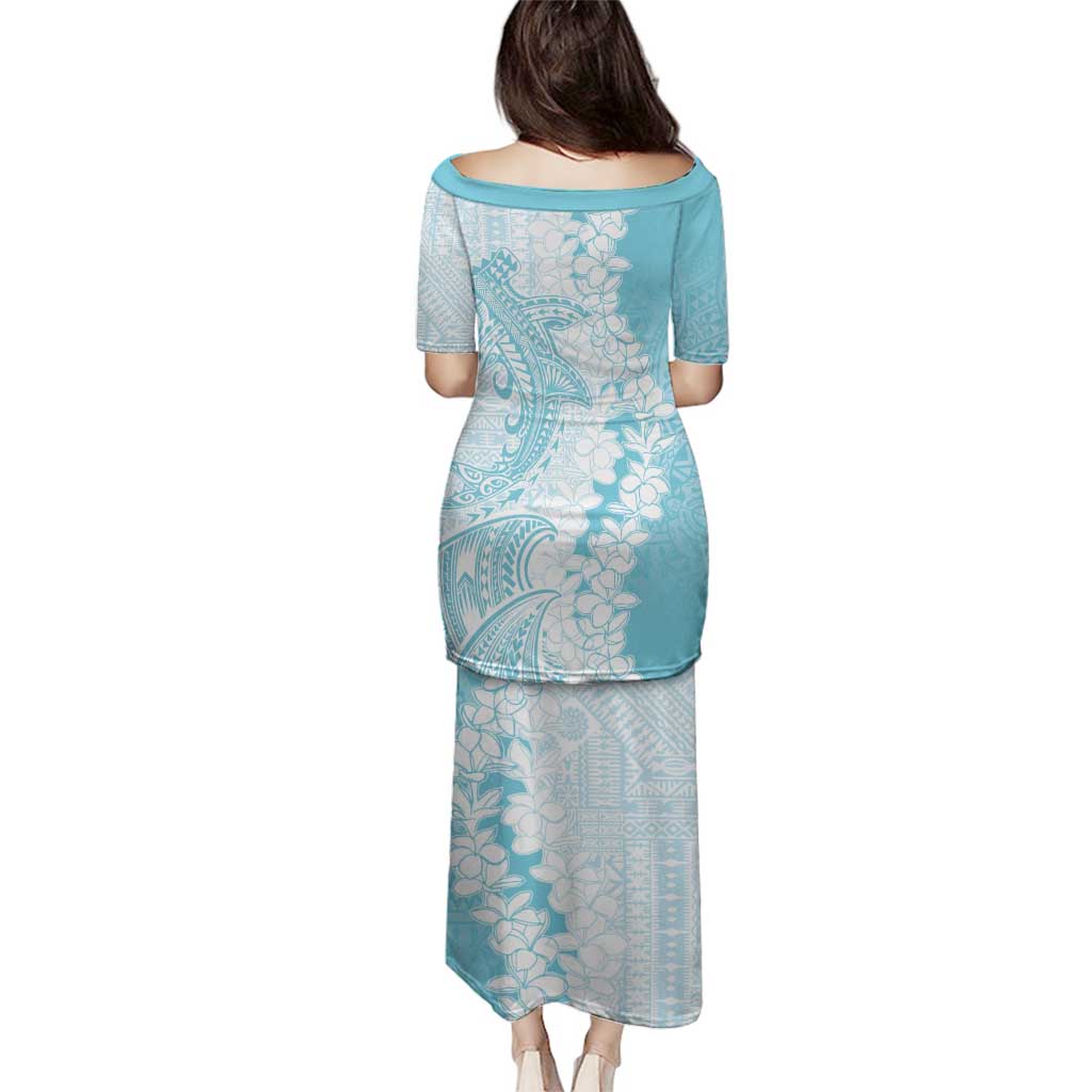 Polynesian Turquoise Plumeria Lei Family Matching Puletasi and Hawaiian Shirt with Hammerhead Shark