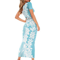 Polynesian Turquoise Plumeria Lei Family Matching Short Sleeve Bodycon Dress and Hawaiian Shirt with Hammerhead Shark