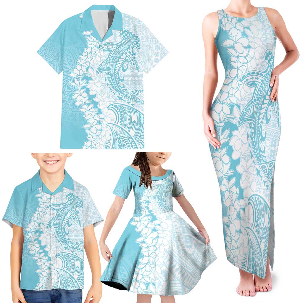 Polynesian Turquoise Plumeria Lei Family Matching Tank Maxi Dress and Hawaiian Shirt with Hammerhead Shark